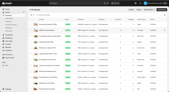 Shopify admin pro správu produktů a objednávek